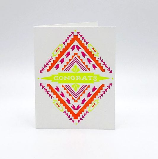 Aztec Congrats Letterpress Greeting Card by Printerette Press featuring a colorful geometric diamond design.