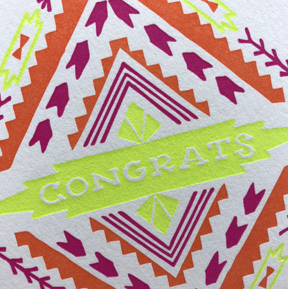 Alternative close-up view of the Aztec Congrats Letterpress Greeting Card geometric diamond design.