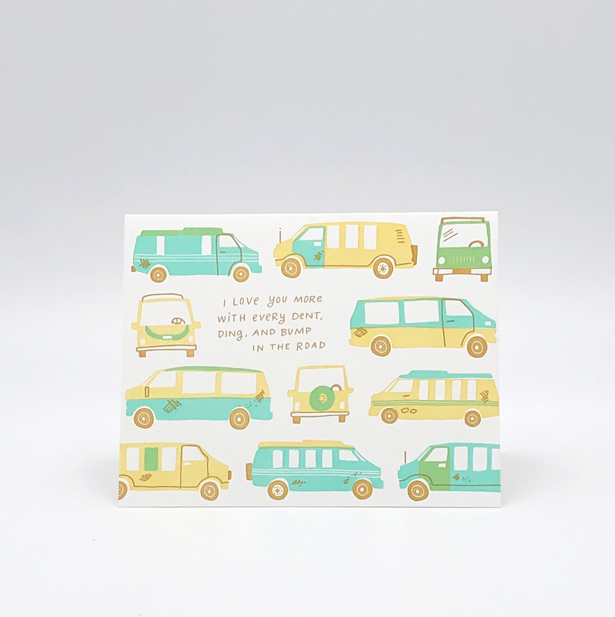 Van-niversary Letterpress Greeting Card by Printerette Press featuring retro yellow and teal vans with anniversary text.