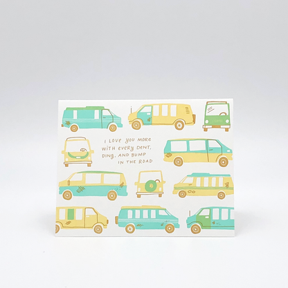 Van-niversary Letterpress Greeting Card by Printerette Press featuring retro yellow and teal vans with anniversary text.