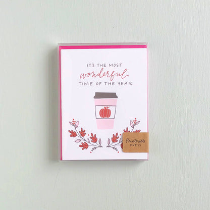 Warm Wishes & Pumpkin Spice Card Set by Printerette Press featuring a pumpkin coffee cup and autumn leaves design.