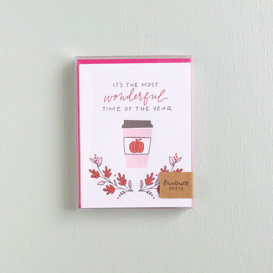 Warm Wishes & Pumpkin Spice Card Set by Printerette Press featuring a pumpkin coffee cup and autumn leaves design.