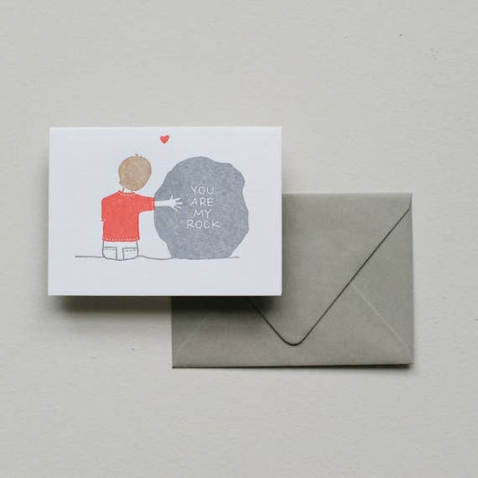 You Are My Rock Letterpress Greeting Card by Printerette Press featuring a minimalist rock illustration.